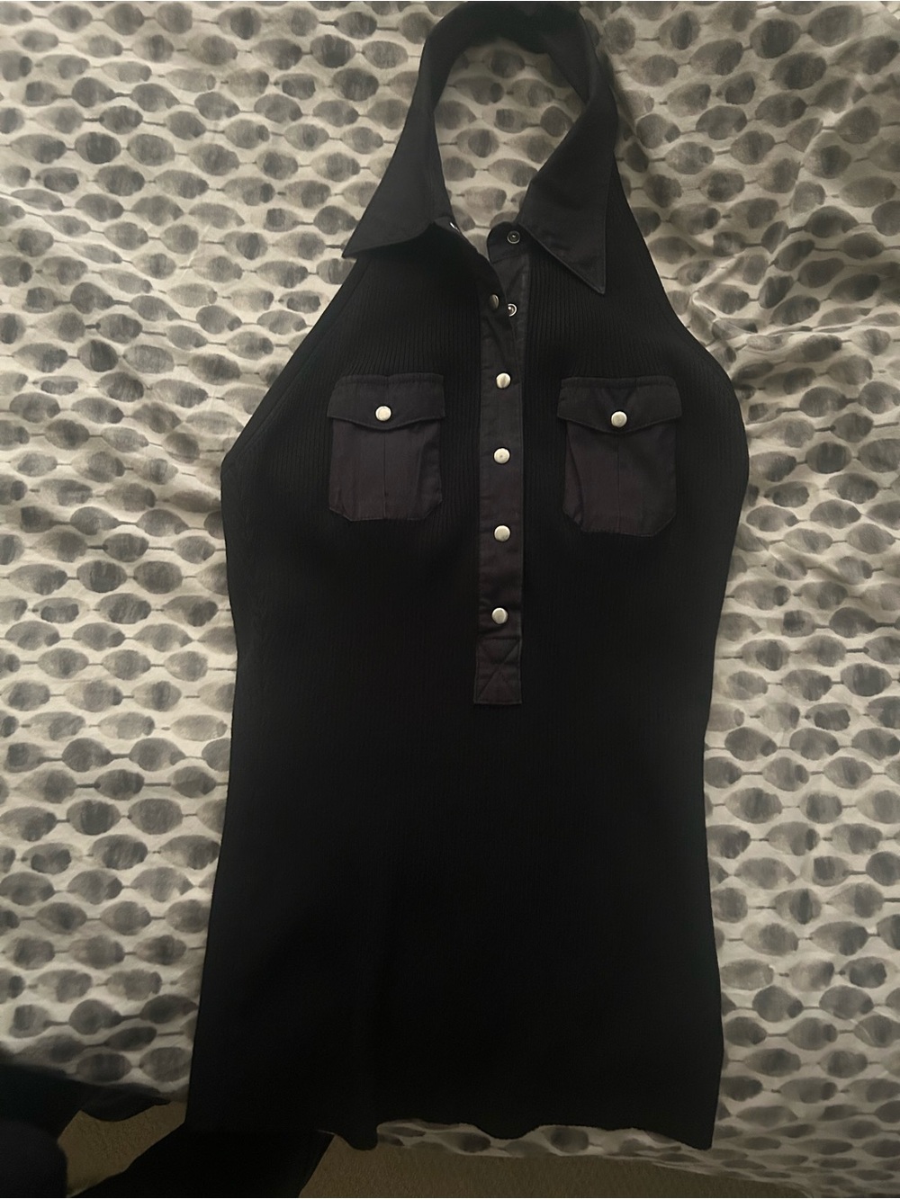 Cache Black Ribbed Halter with collar and Chest Pockets.